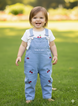 Hasır Şapkalı Kiraz Nakışlı Kot Salopet Kız Bebek Çocuk 2 Li Takım 6-9ay, 9-12ay, 12-18ay, 18-24ay